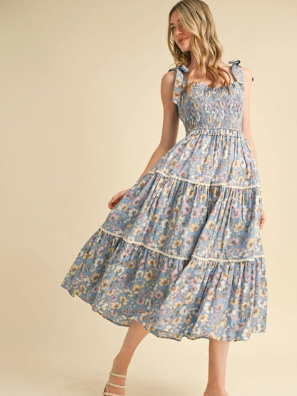 Floral Smocked Ruffled Lace Trim Midi Dress