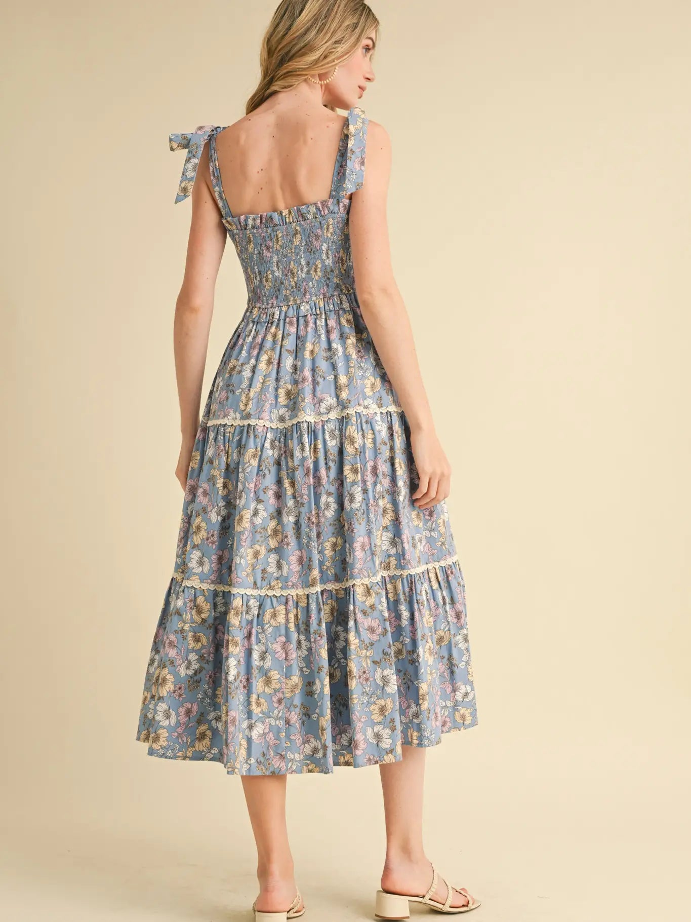 Floral Smocked Ruffled Lace Trim Midi Dress