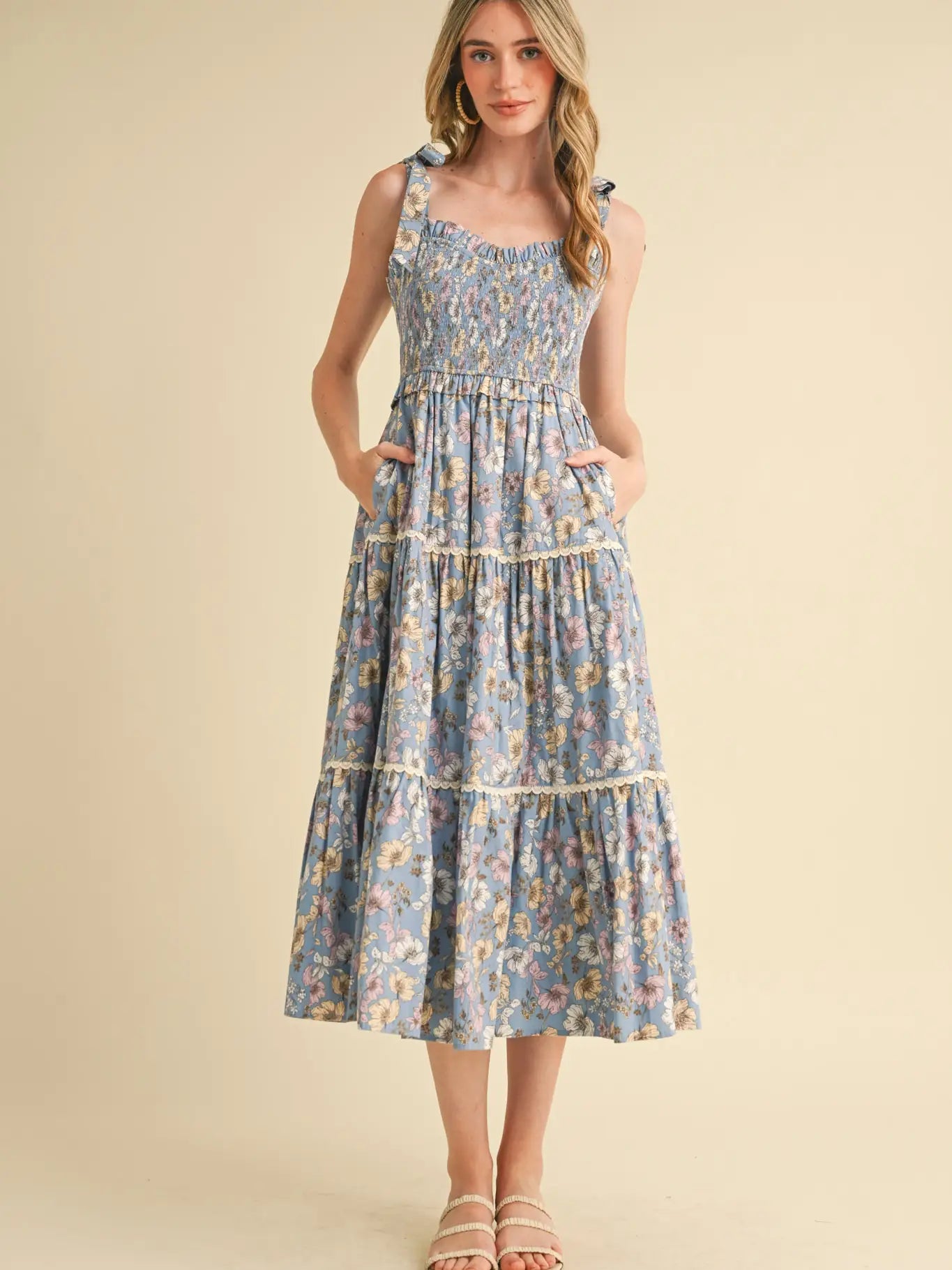 Floral Smocked Ruffled Lace Trim Midi Dress