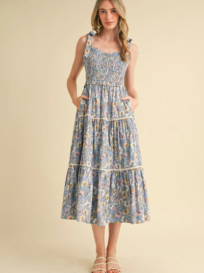 Floral Smocked Ruffled Lace Trim Midi Dress