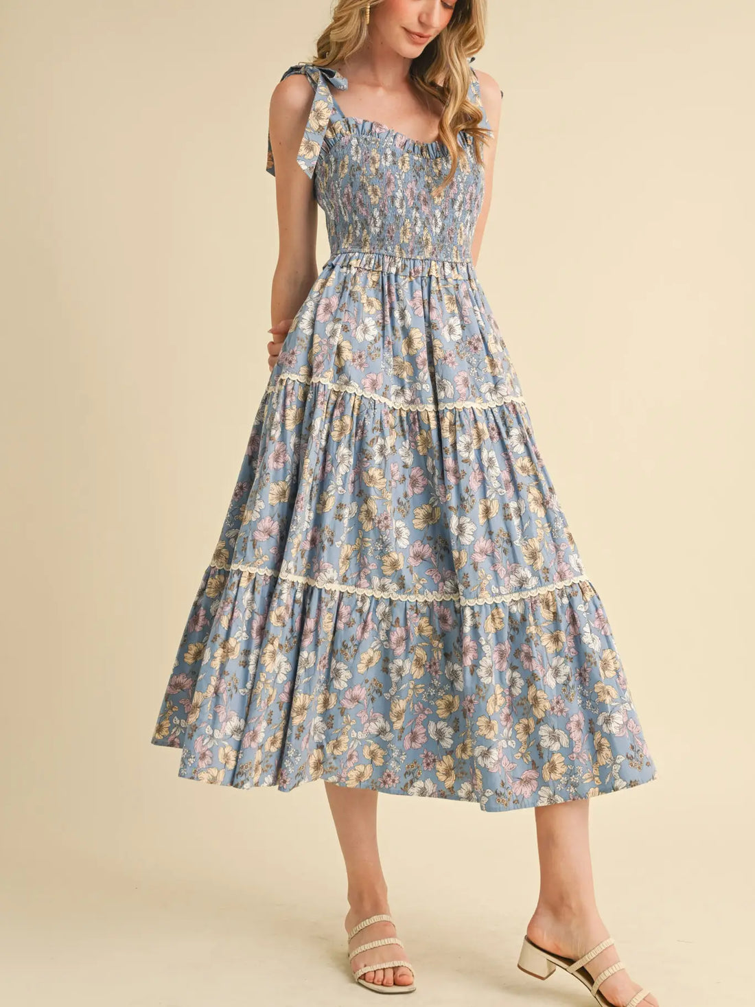 Floral Smocked Ruffled Lace Trim Midi Dress