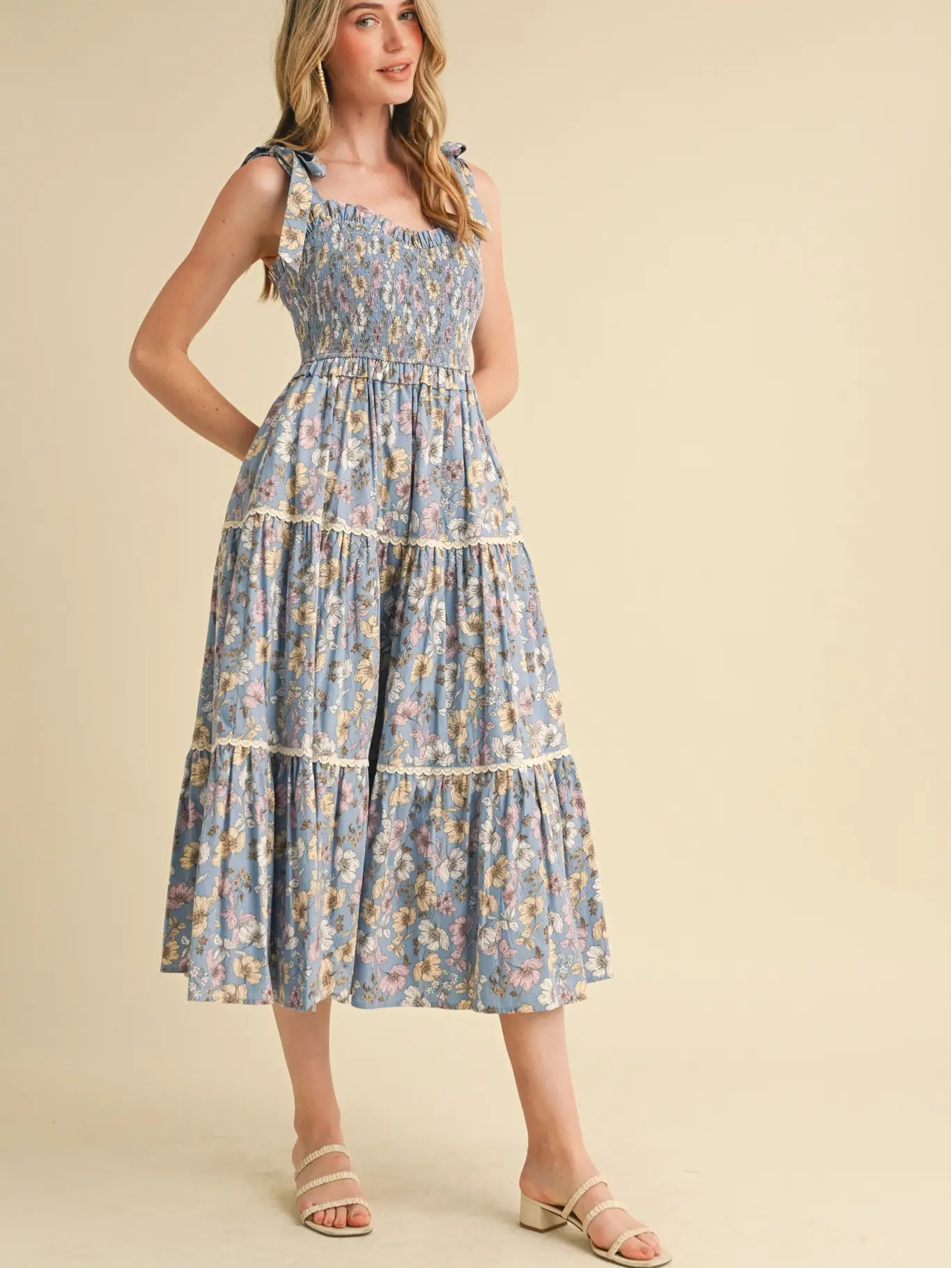 Floral Smocked Ruffled Lace Trim Midi Dress