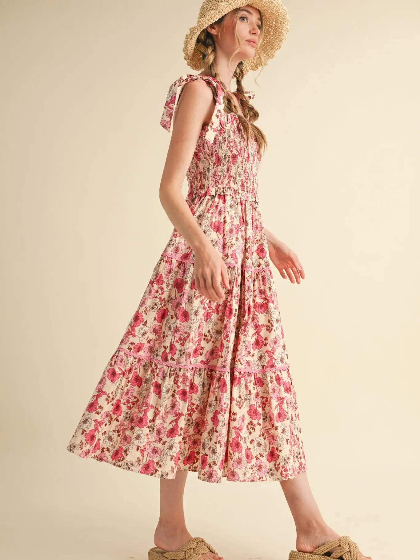 Floral Smocked Ruffled Lace Trim Midi Dress