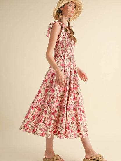 Floral Smocked Ruffled Lace Trim Midi Dress