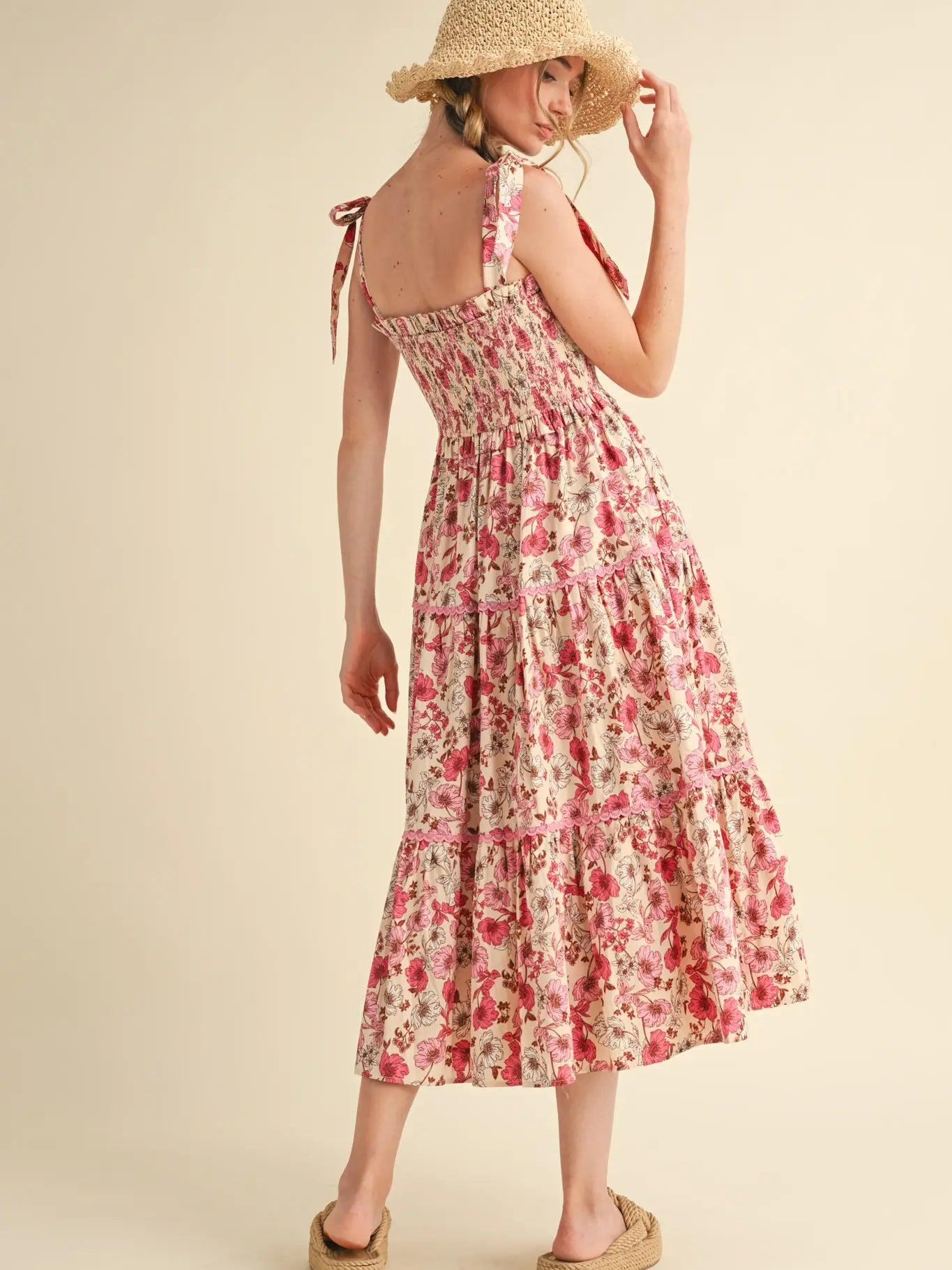 Floral Smocked Ruffled Lace Trim Midi Dress