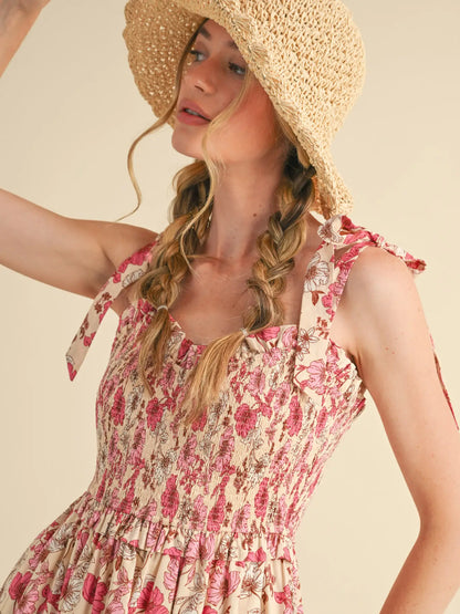 Floral Smocked Ruffled Lace Trim Midi Dress