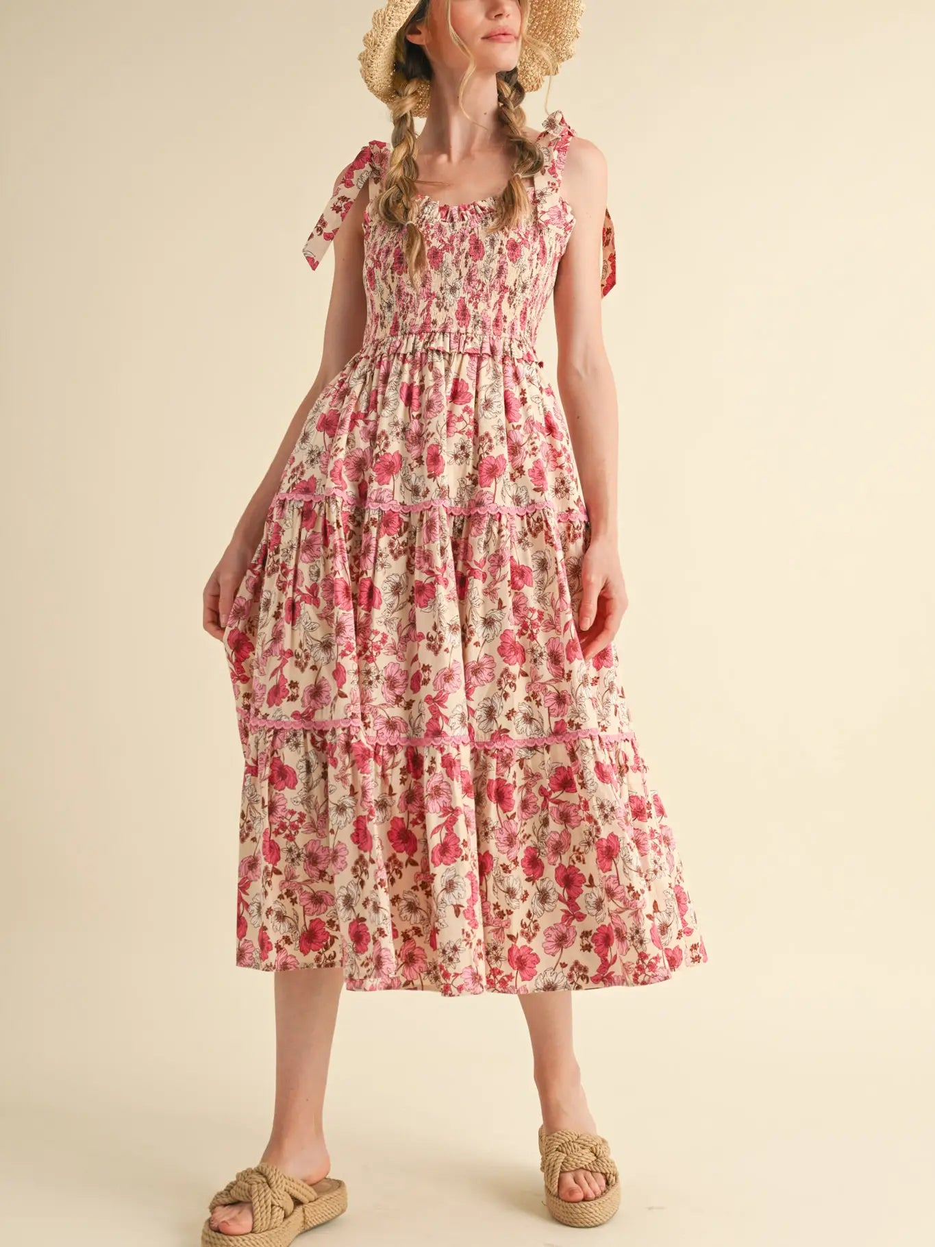 Floral Smocked Ruffled Lace Trim Midi Dress
