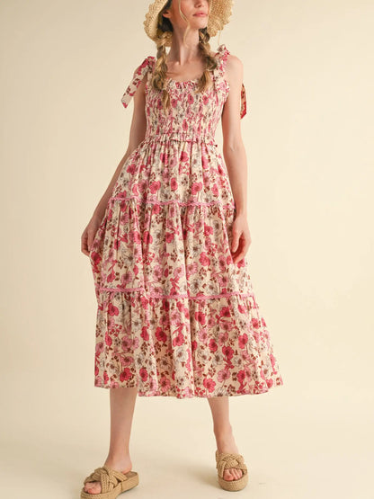 Floral Smocked Ruffled Lace Trim Midi Dress