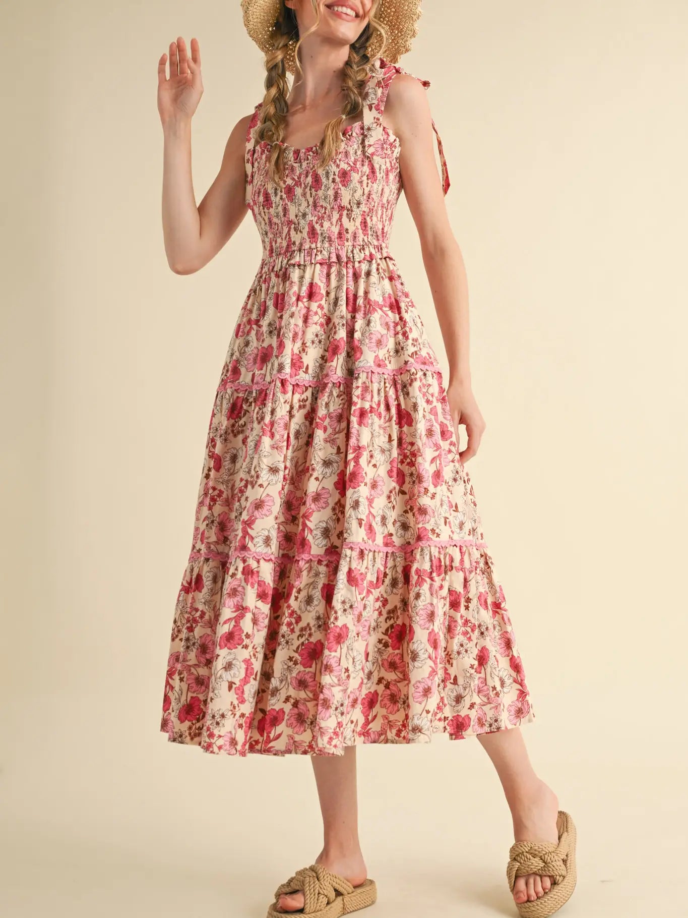 Floral Smocked Ruffled Lace Trim Midi Dress