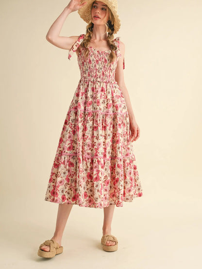 Floral Smocked Ruffled Lace Trim Midi Dress