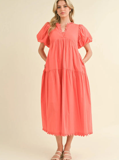 Scallop Trim Tiered Midi Dress