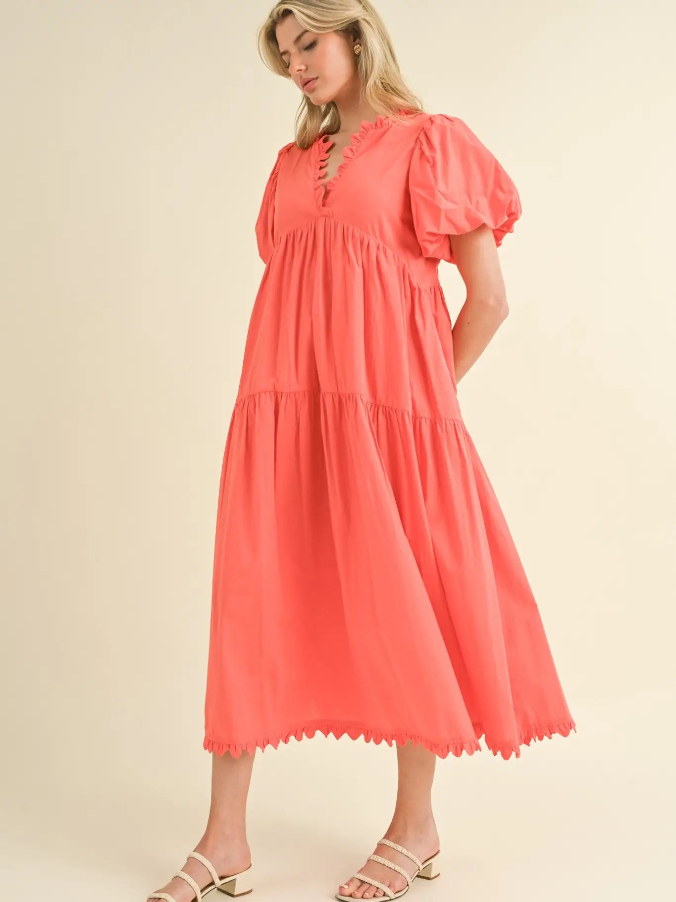 Scallop Trim Tiered Midi Dress