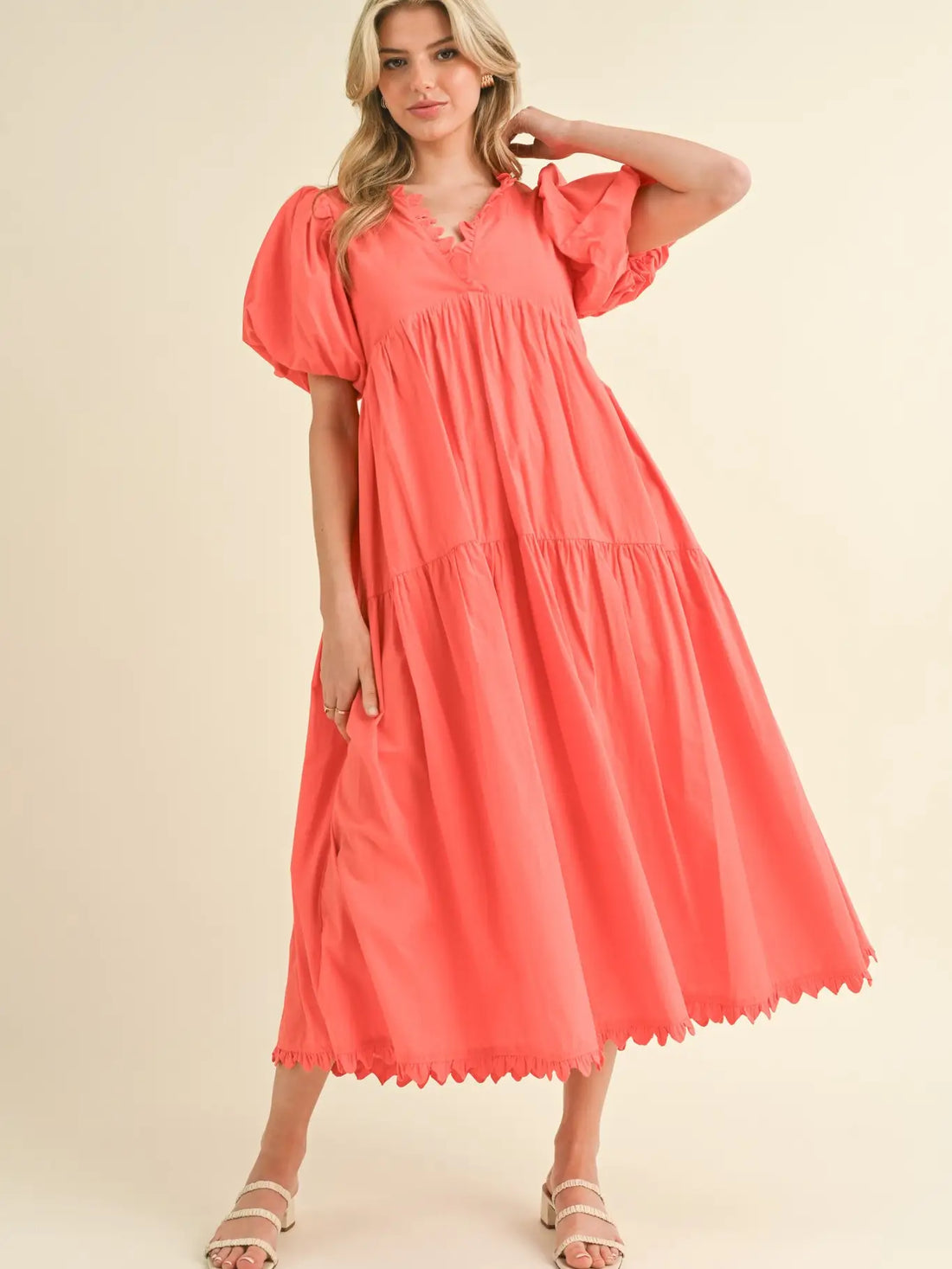 Scallop Trim Tiered Midi Dress