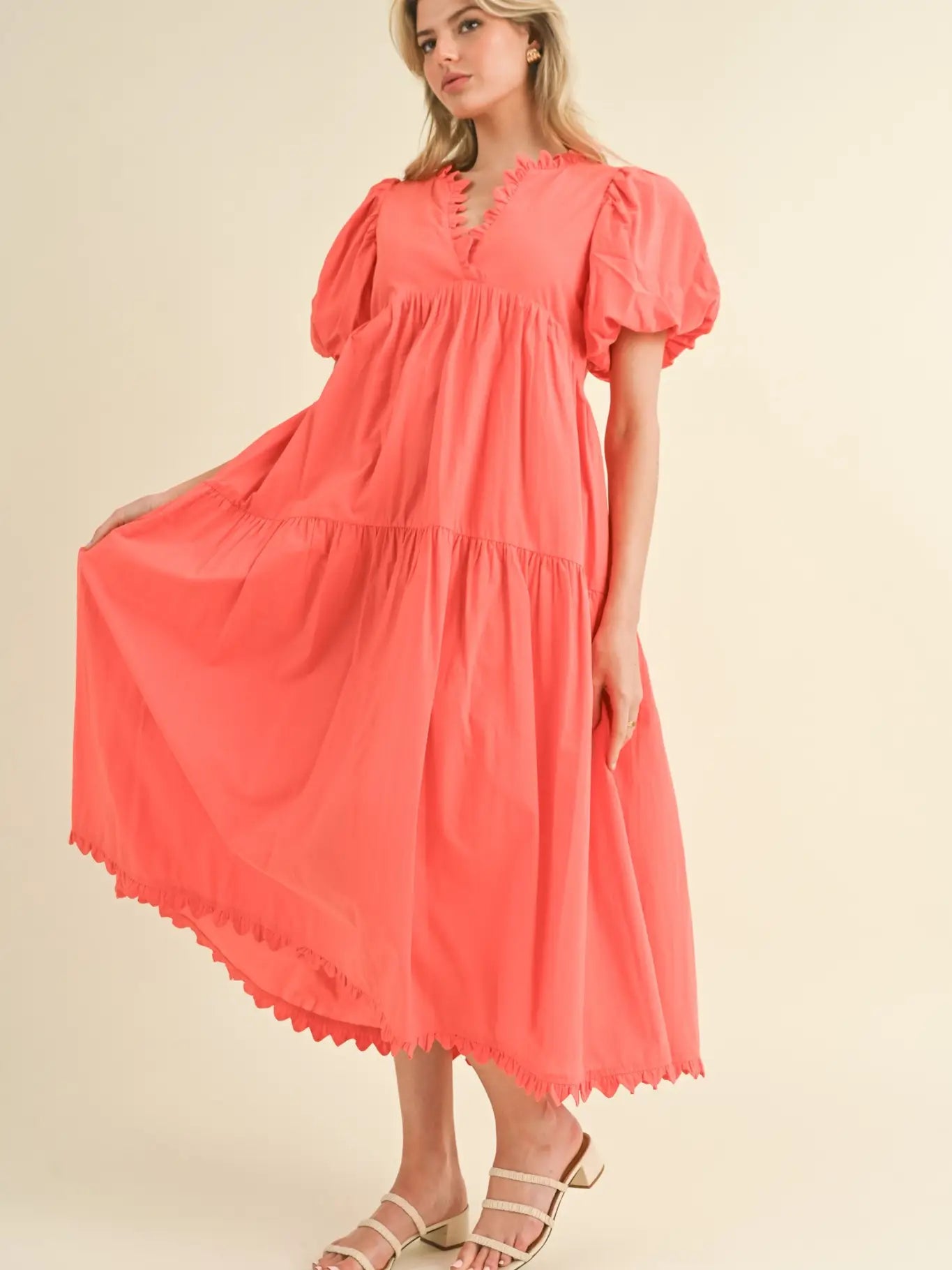 Scallop Trim Tiered Midi Dress