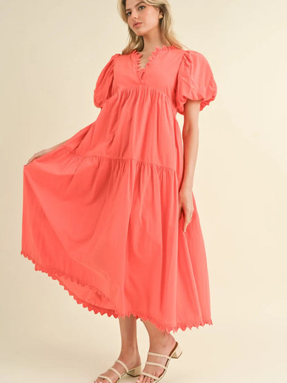 Scallop Trim Tiered Midi Dress
