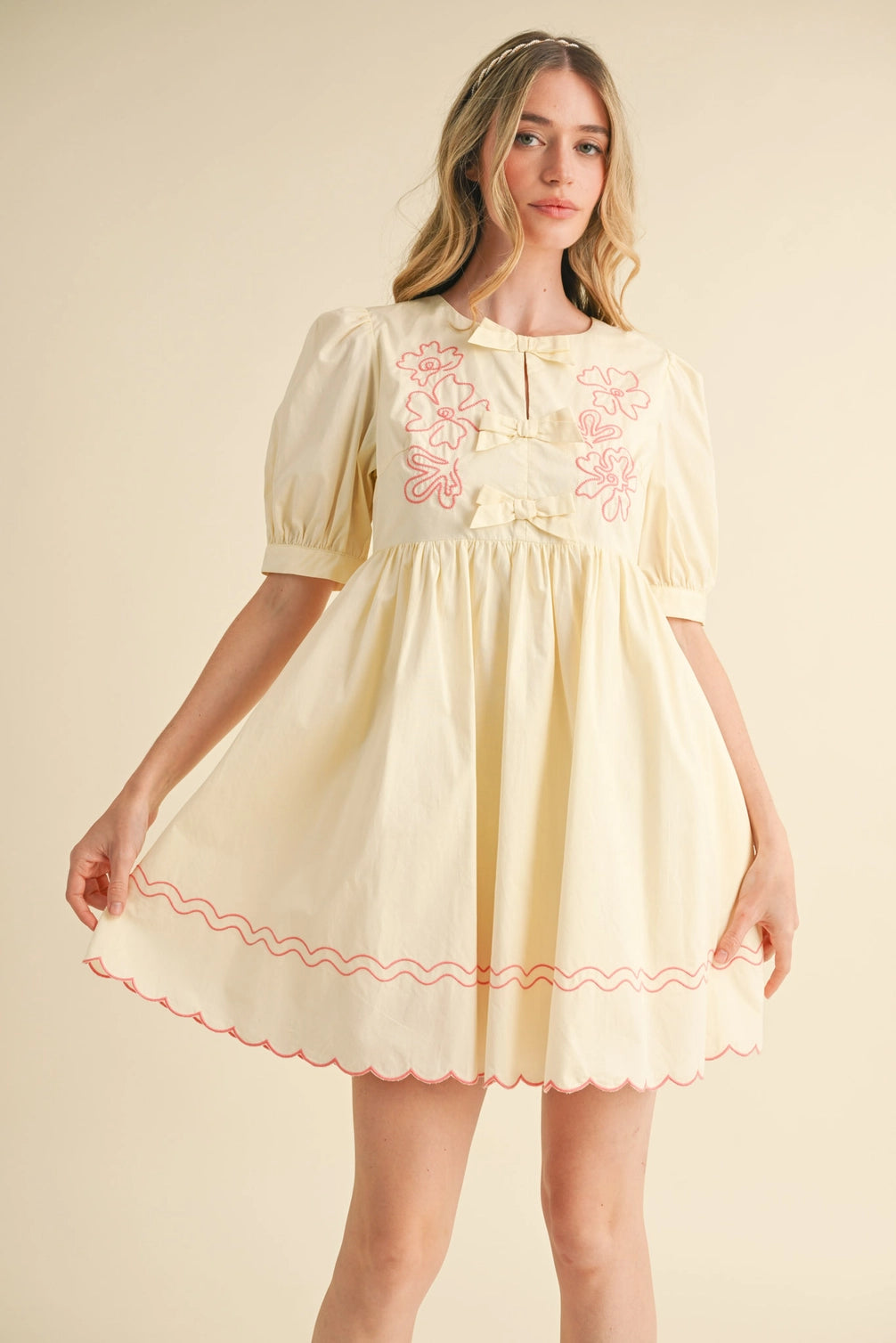 Floral Embroidery Bow Detail Mini Dress