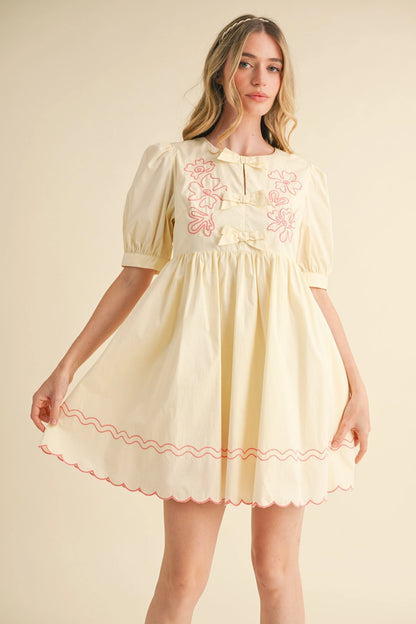 Floral Embroidery Bow Detail Mini Dress