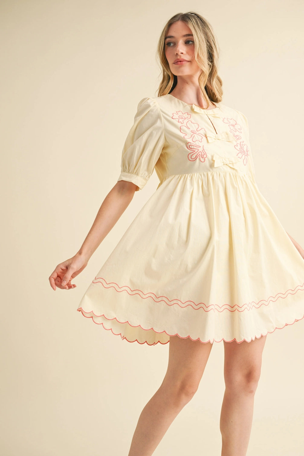 Floral Embroidery Bow Detail Mini Dress