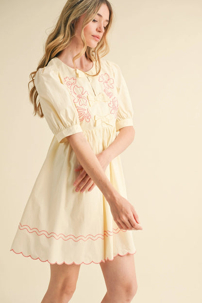 Floral Embroidery Bow Detail Mini Dress