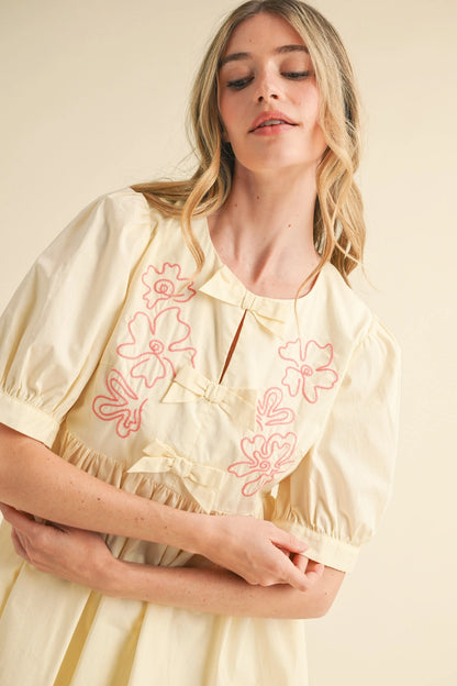 Floral Embroidery Bow Detail Mini Dress