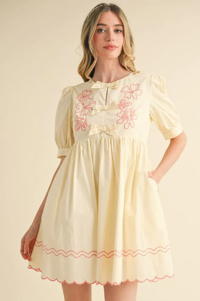 Floral Embroidery Bow Detail Mini Dress