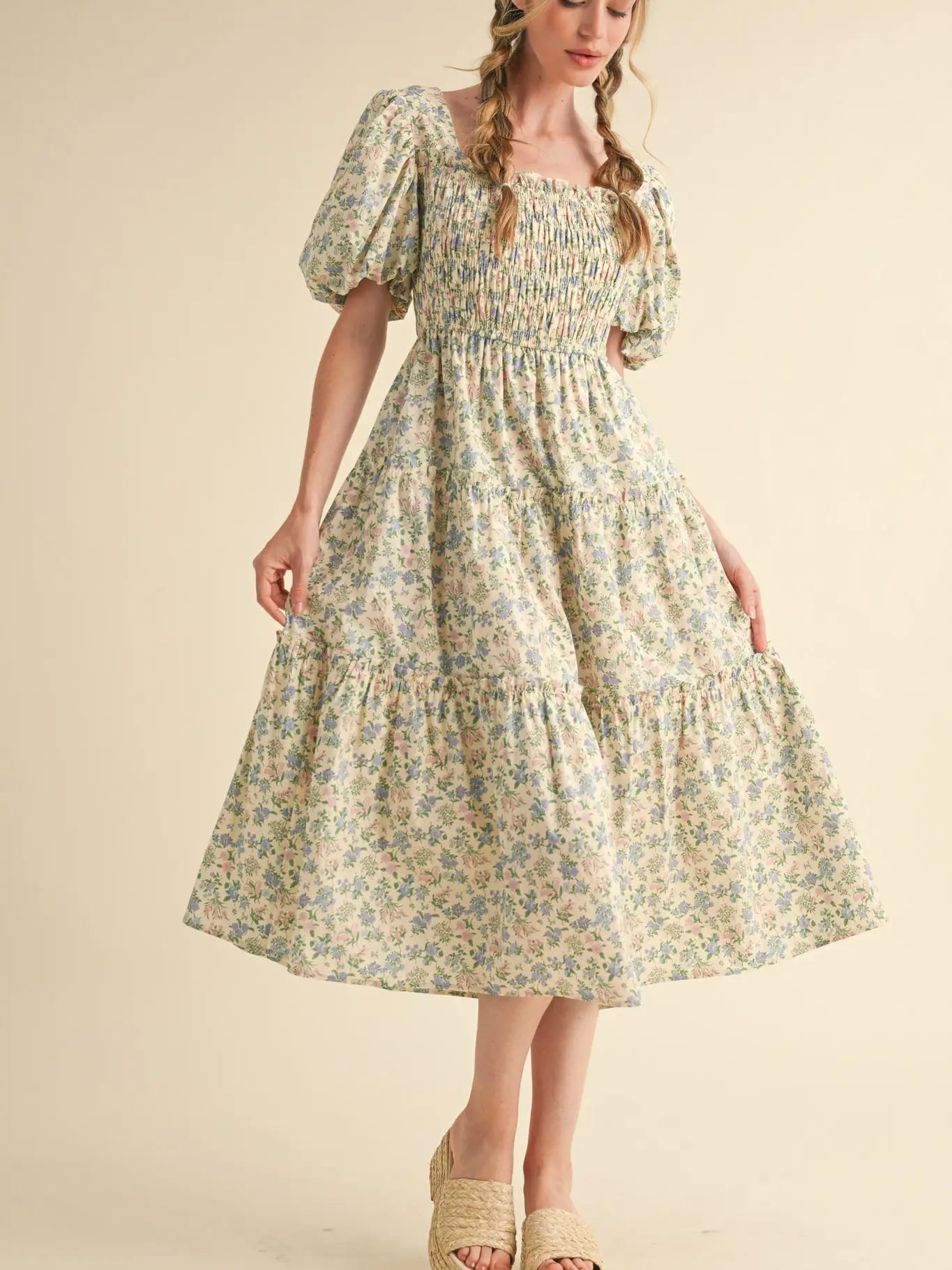 Smocked Tiered Ruffle Midi Dress