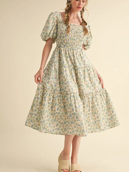 Smocked Tiered Ruffle Midi Dress