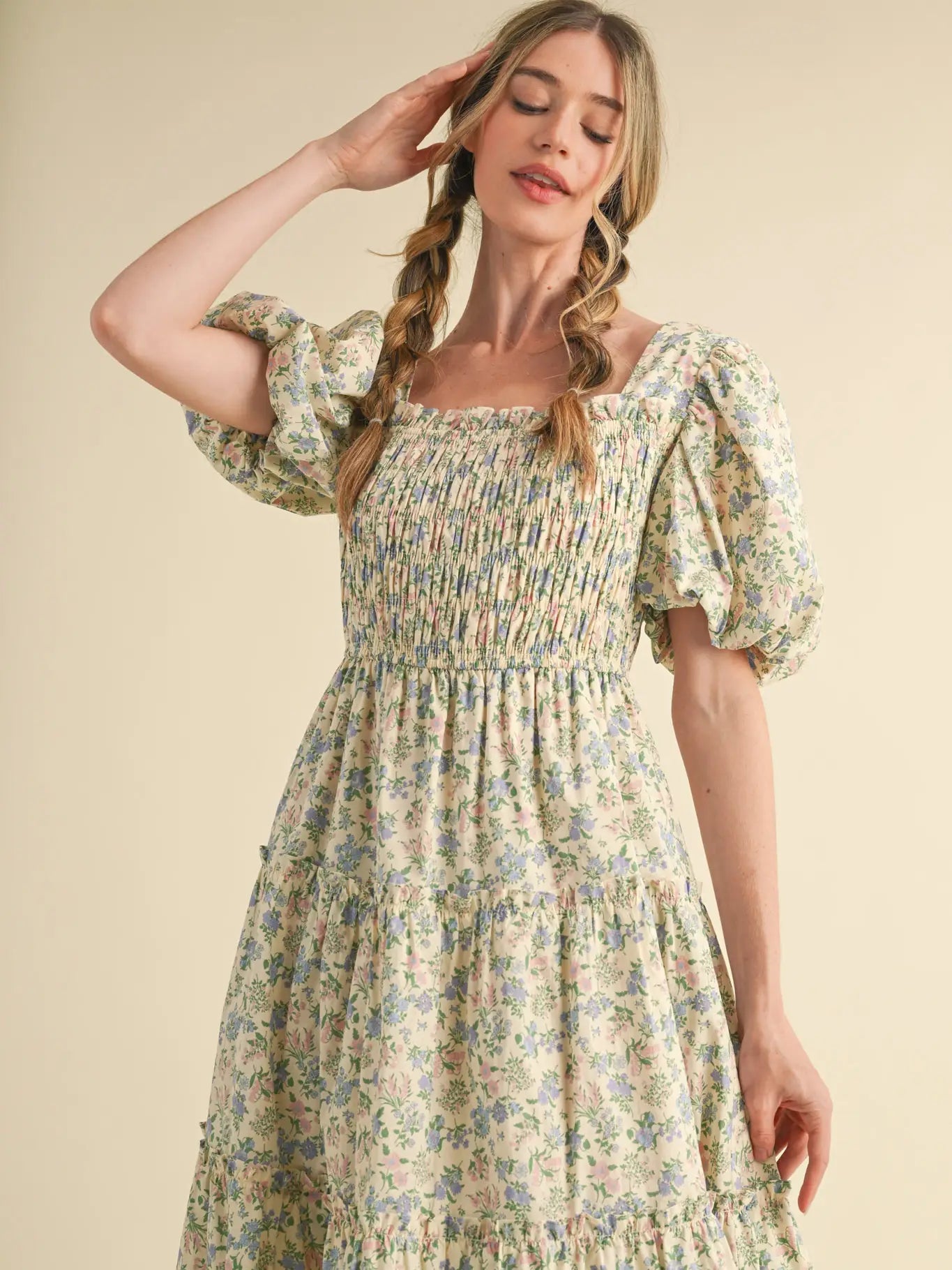 Smocked Tiered Ruffle Midi Dress
