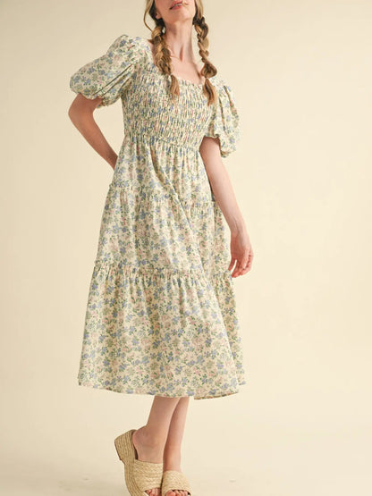 Smocked Tiered Ruffle Midi Dress