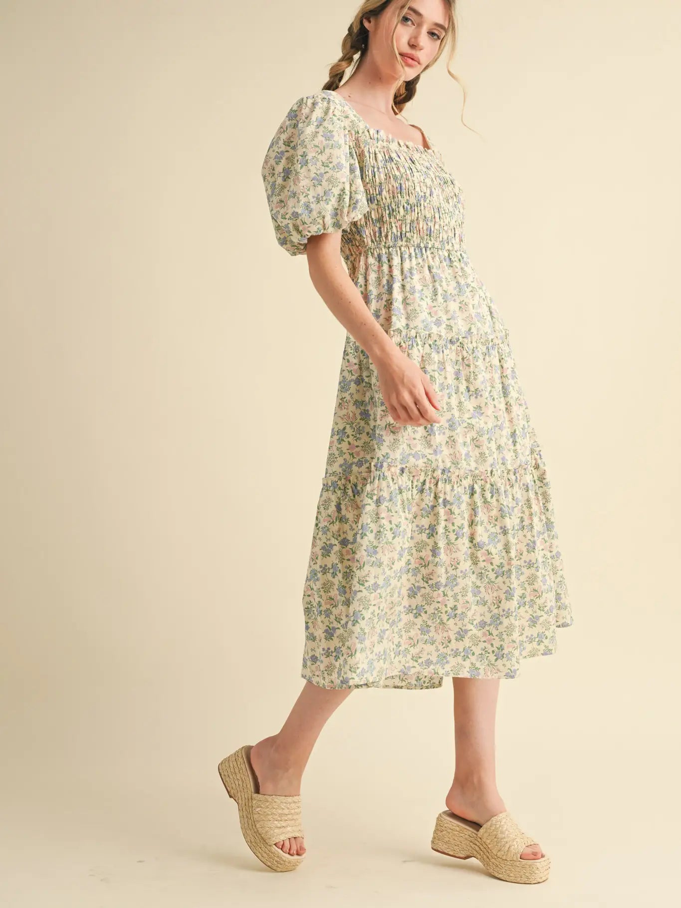 Smocked Tiered Ruffle Midi Dress