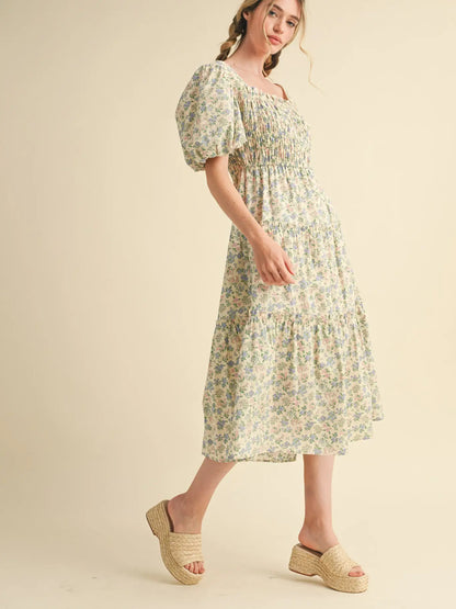 Smocked Tiered Ruffle Midi Dress