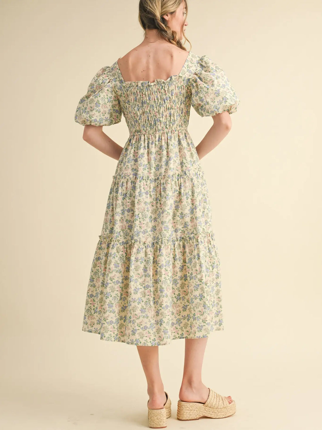 Smocked Tiered Ruffle Midi Dress