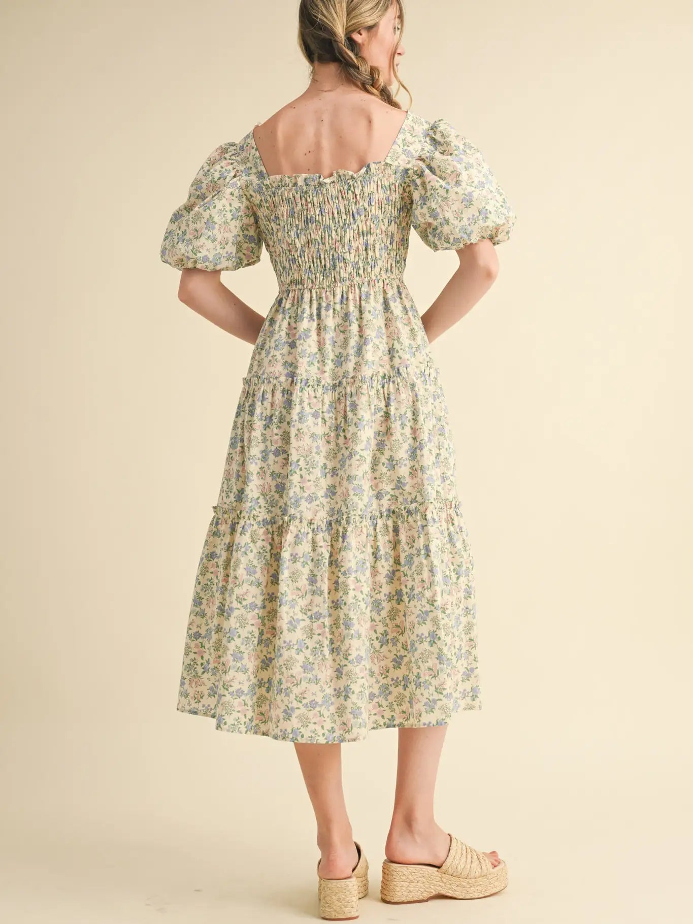 Smocked Tiered Ruffle Midi Dress