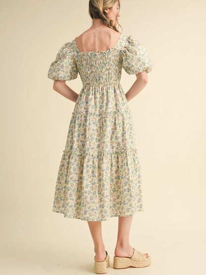 Smocked Tiered Ruffle Midi Dress