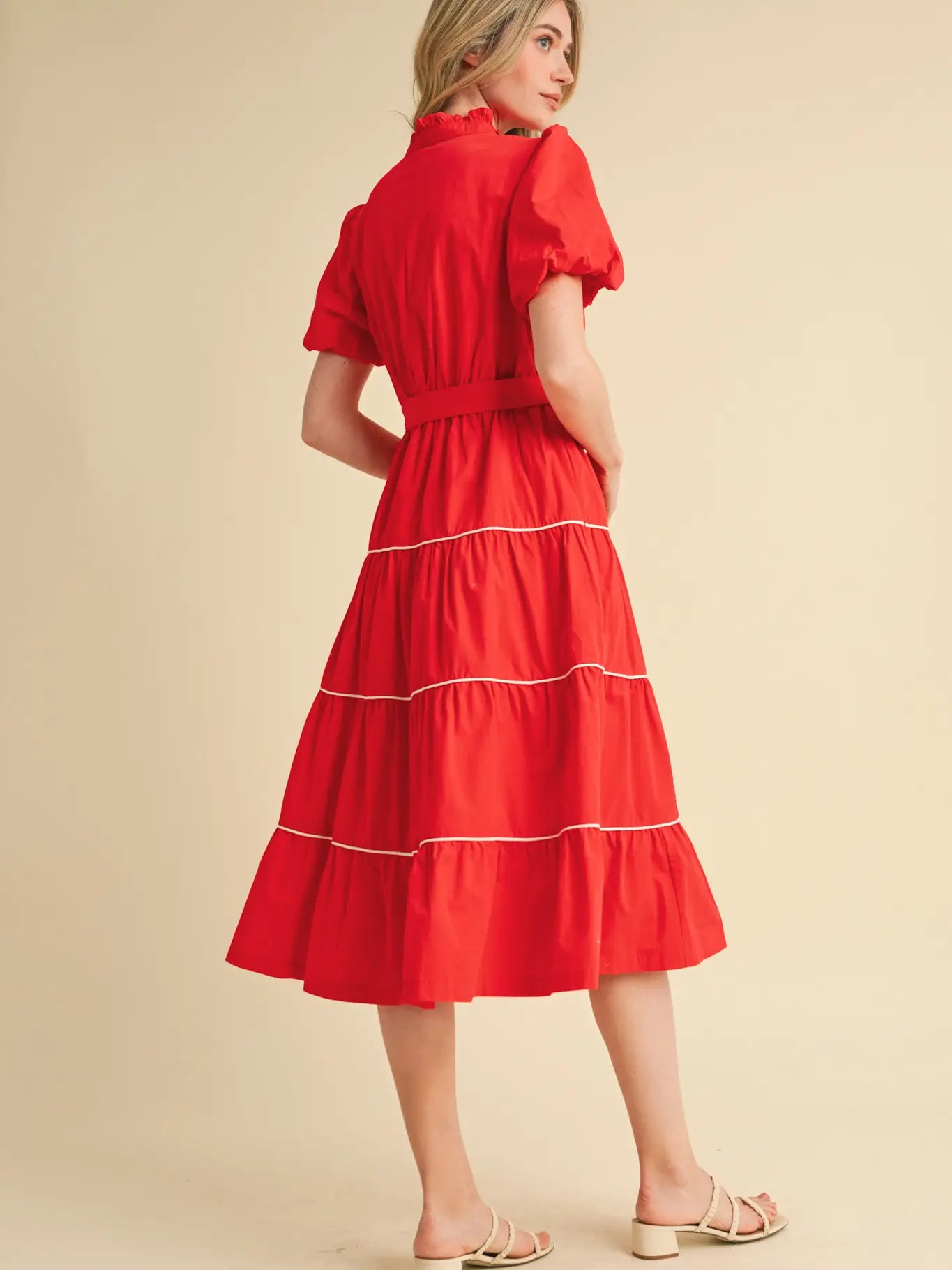 Embroidered Puff Sleeve Tiered Midi Dress