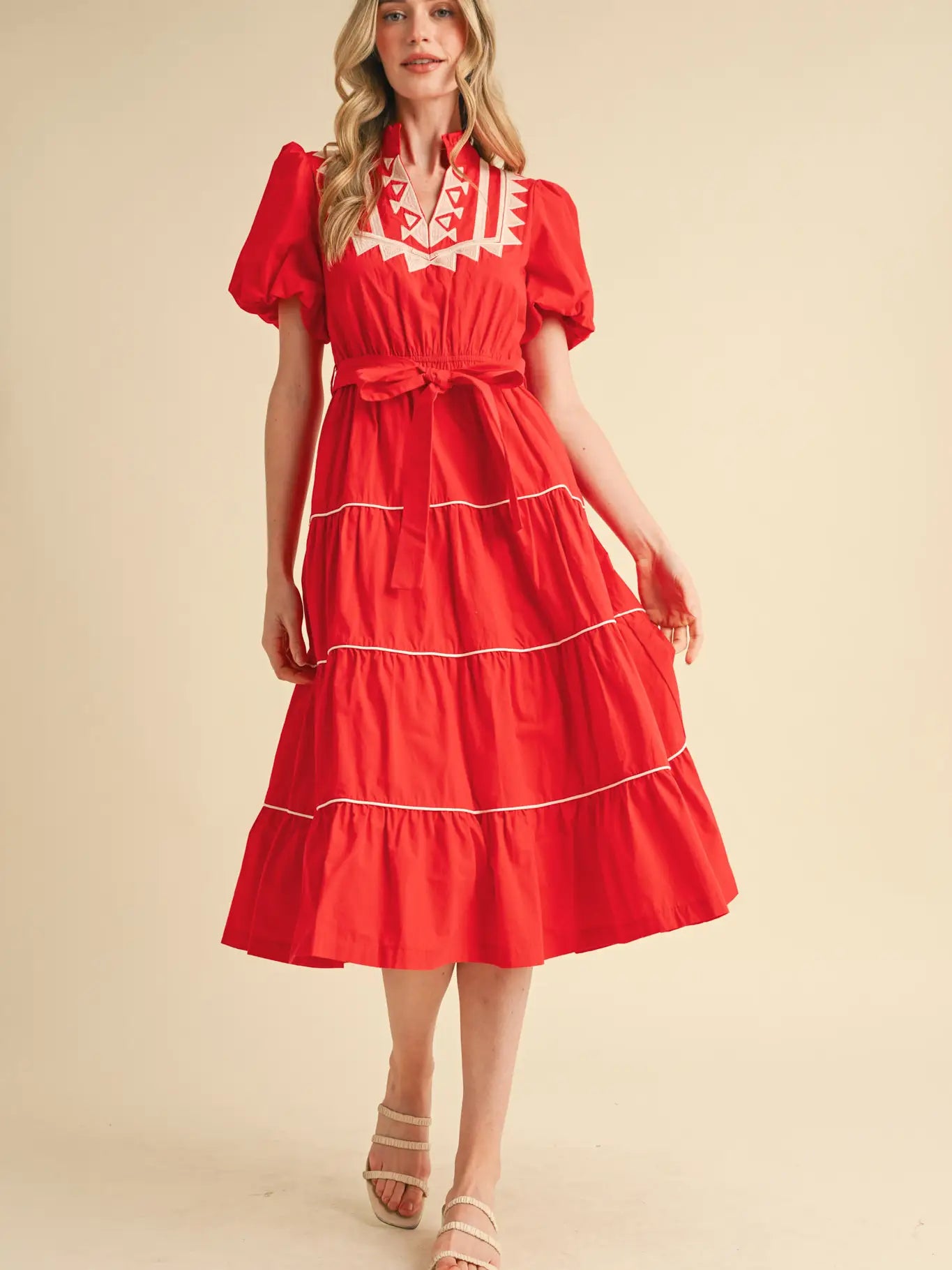 Embroidered Puff Sleeve Tiered Midi Dress