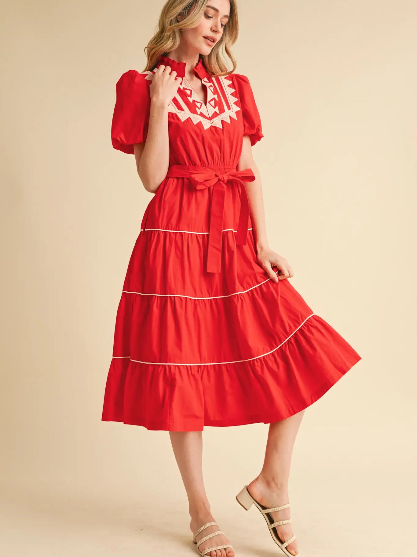 Embroidered Puff Sleeve Tiered Midi Dress