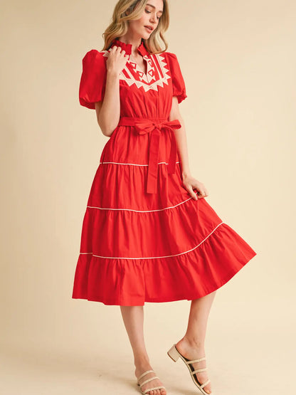 Embroidered Puff Sleeve Tiered Midi Dress