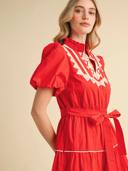 Embroidered Puff Sleeve Tiered Midi Dress