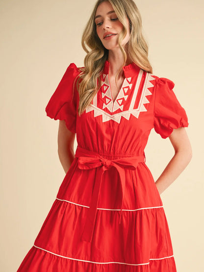 Embroidered Puff Sleeve Tiered Midi Dress