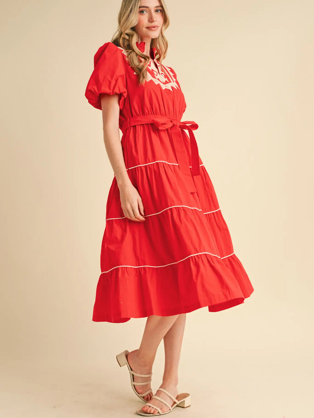 Embroidered Puff Sleeve Tiered Midi Dress