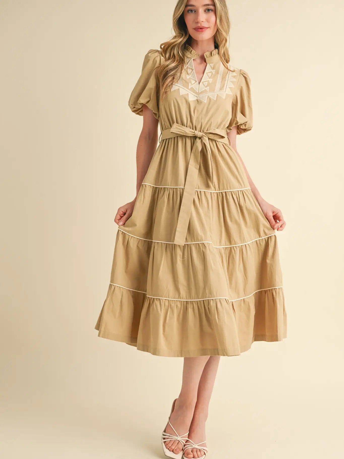Embroidered Puff Sleeve Tiered Midi Dress