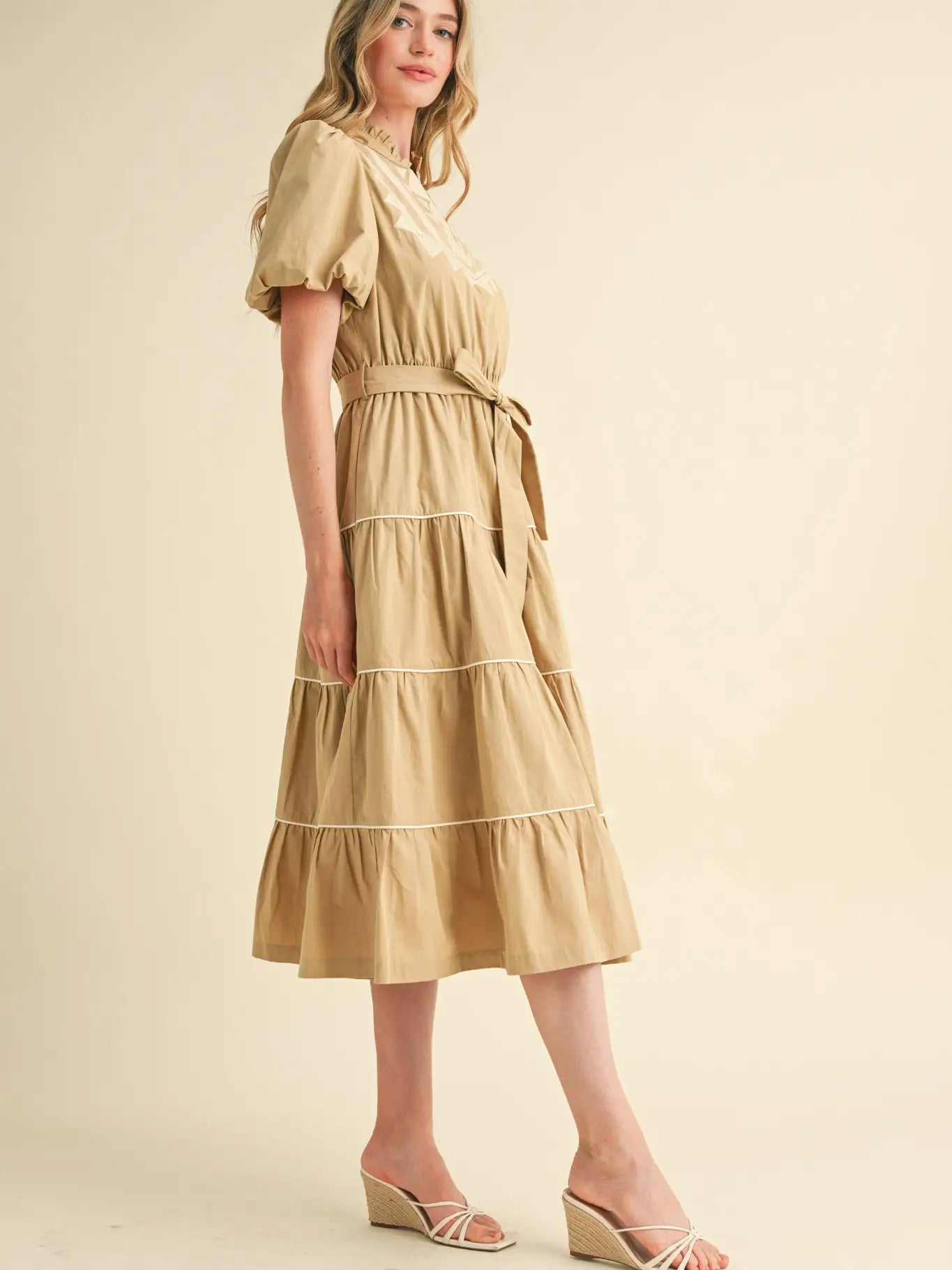 Embroidered Puff Sleeve Tiered Midi Dress