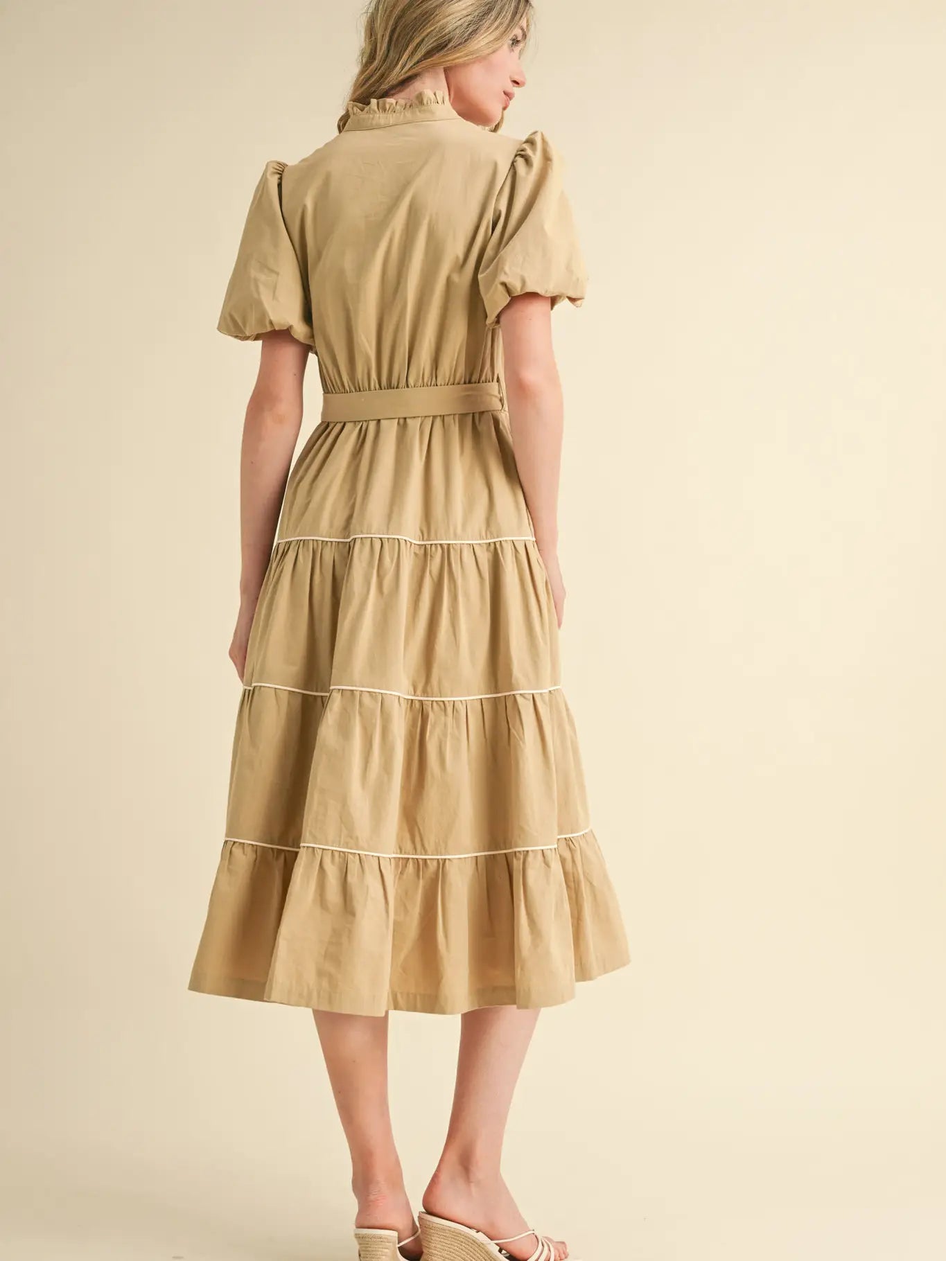 Embroidered Puff Sleeve Tiered Midi Dress