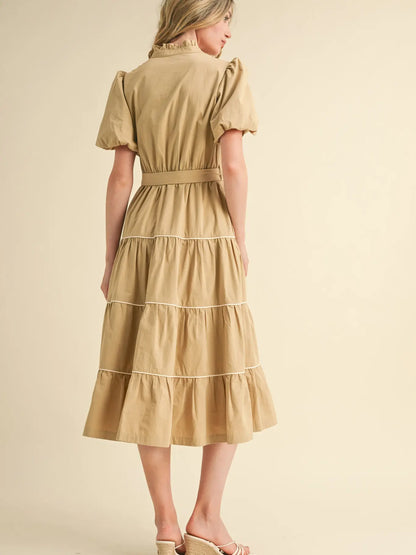 Embroidered Puff Sleeve Tiered Midi Dress