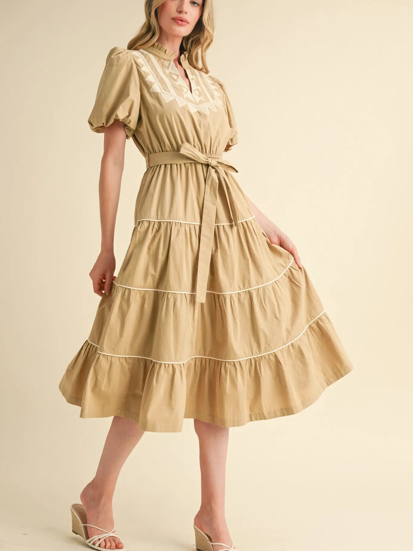 Embroidered Puff Sleeve Tiered Midi Dress