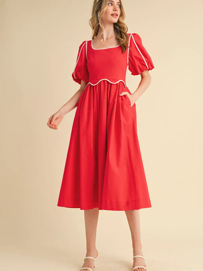 Contrast Binding Scalloped Midi Dress