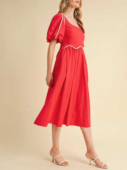 Contrast Binding Scalloped Midi Dress