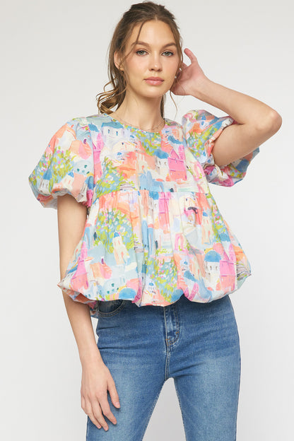Print round neck puff sleeve peplum top featuring bubble hem