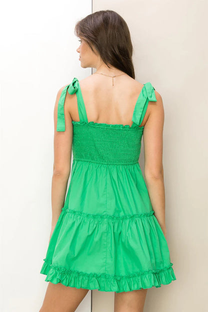 Shine Bright Tie Shoulders Smocked Mini Dress